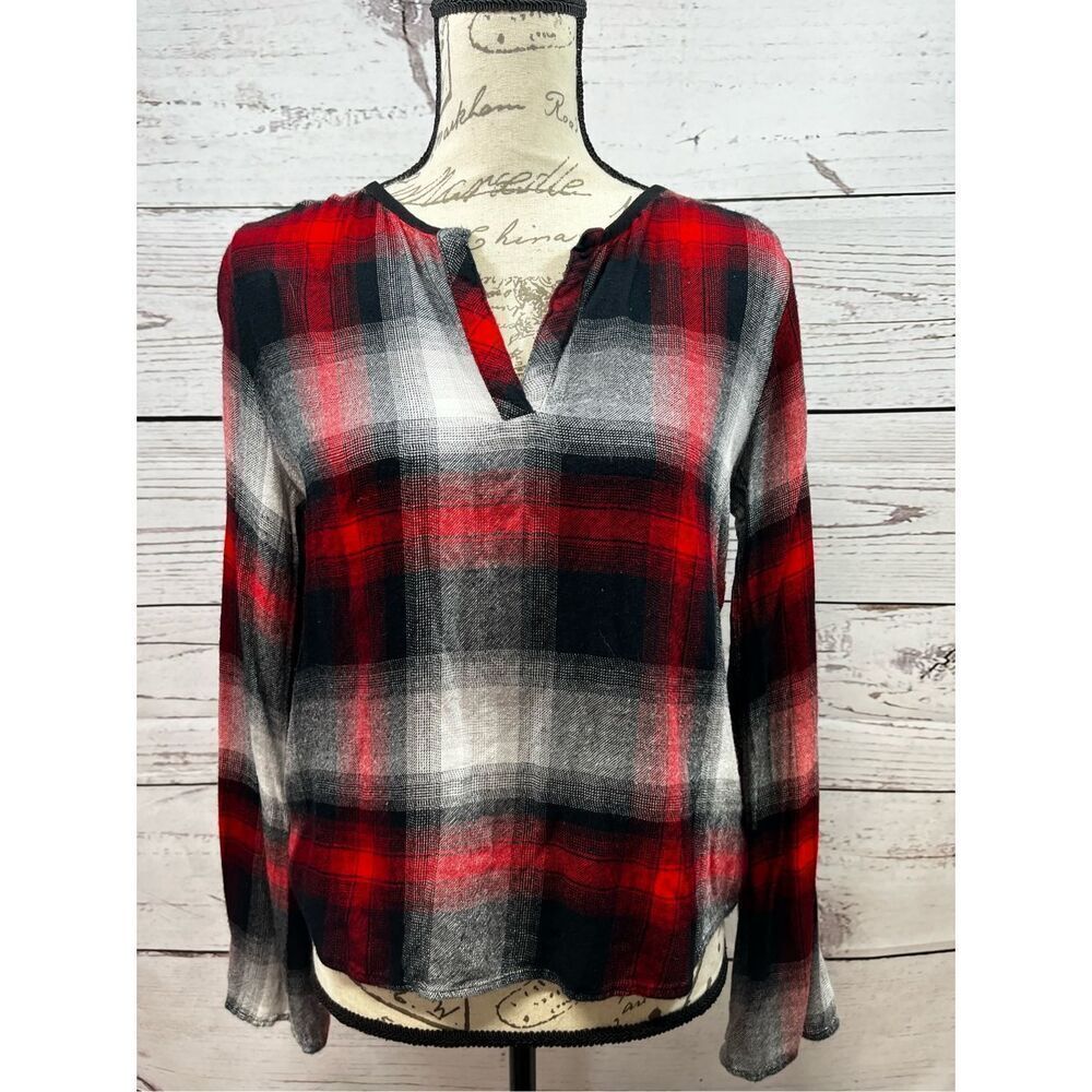 Cloth & Stone Plaid V Neck Long Sleeve Casual Shirt Women Size Small